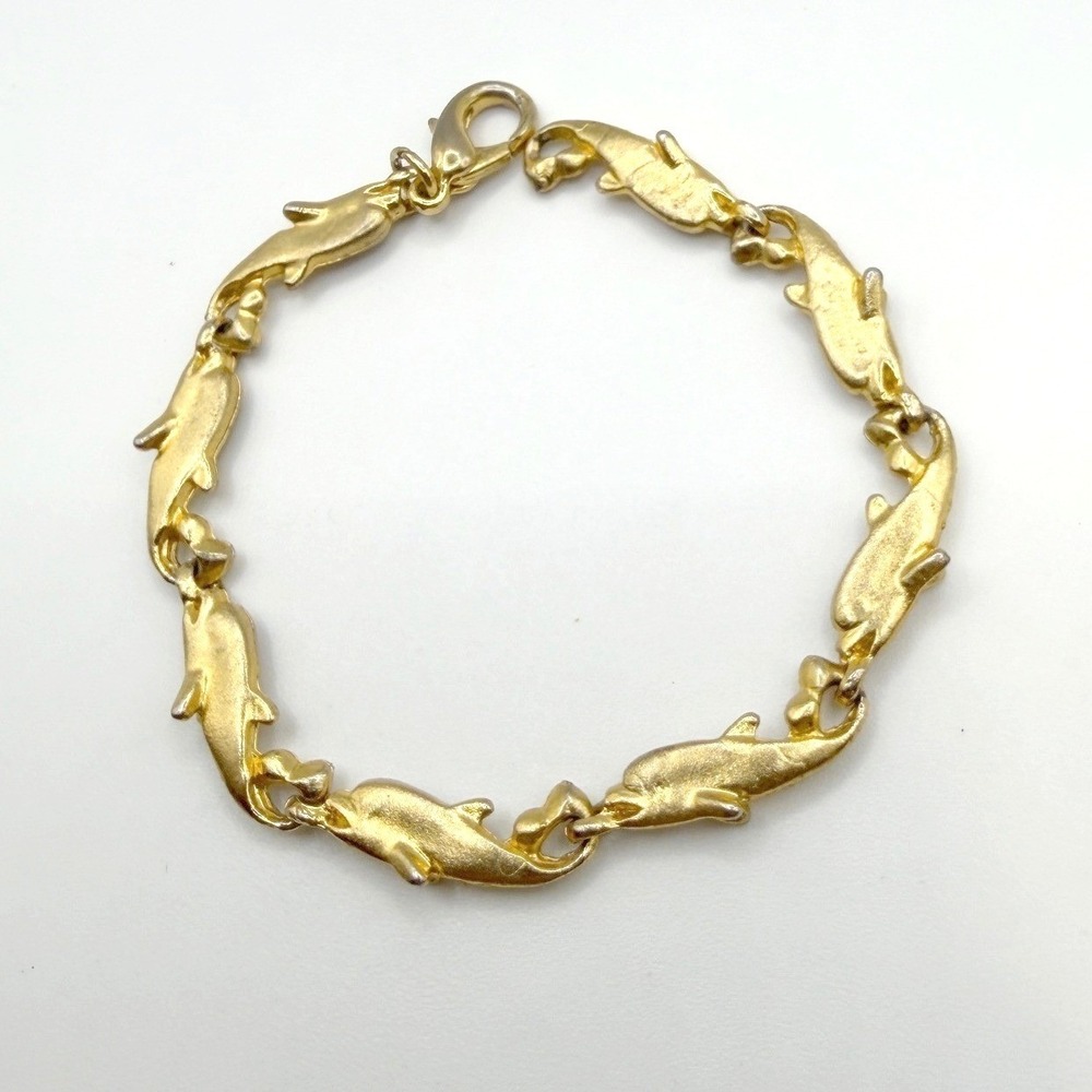 Gold Tone Dolphin Link Bracelet 7.5" Ocean Beach Nautical Jewelry